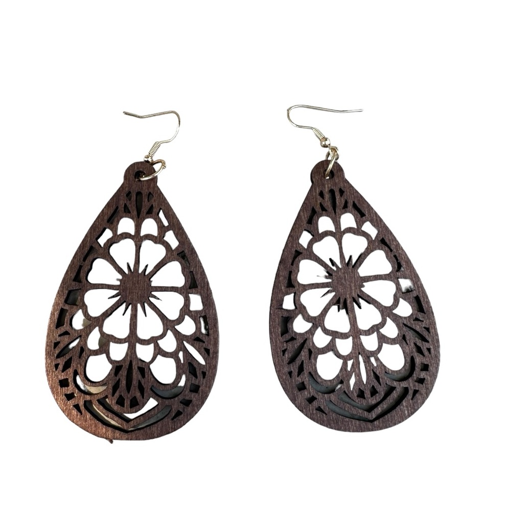 Boho Flower Teardrop Shaped Carved Wood Drop Earrings